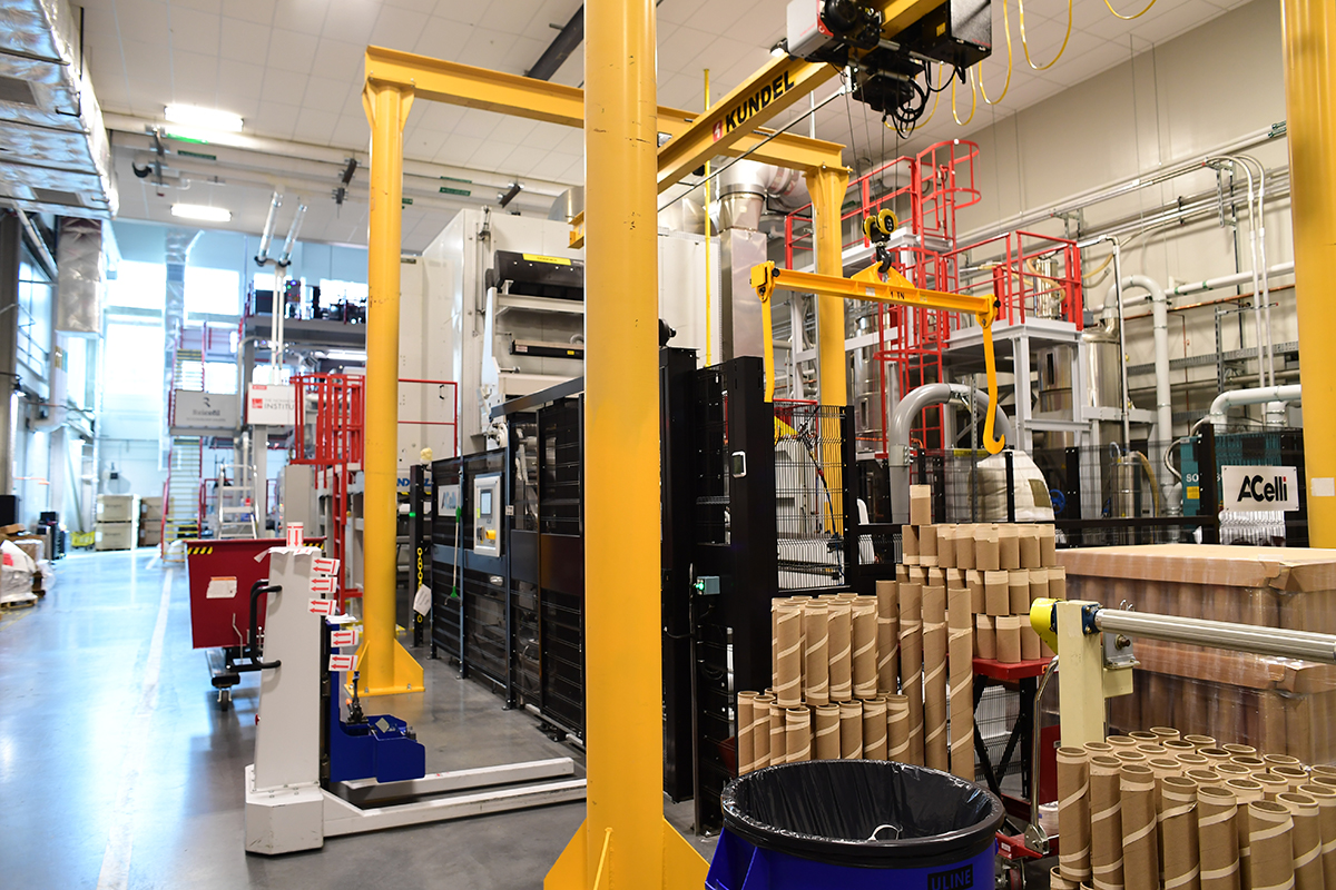 Tubes awaiting rolls of spunbond nonwoven in NWI's Spunbond and Hydroentangling Lab