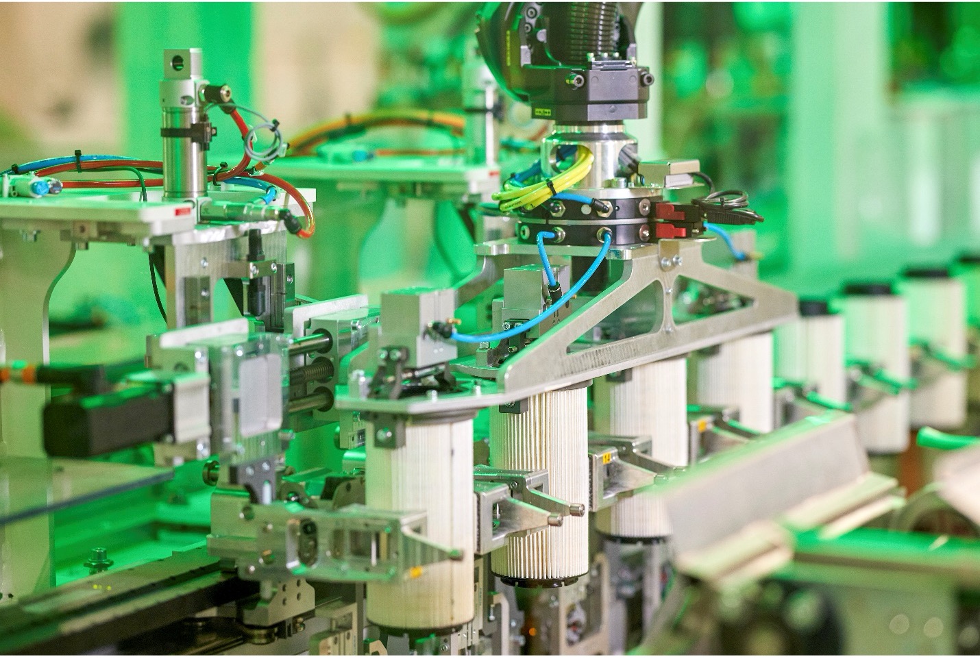 Pleated filter elements being manufactured on-site at Atmus Filtration Technologies utilizing Synthetic filter media produced by Atmus.